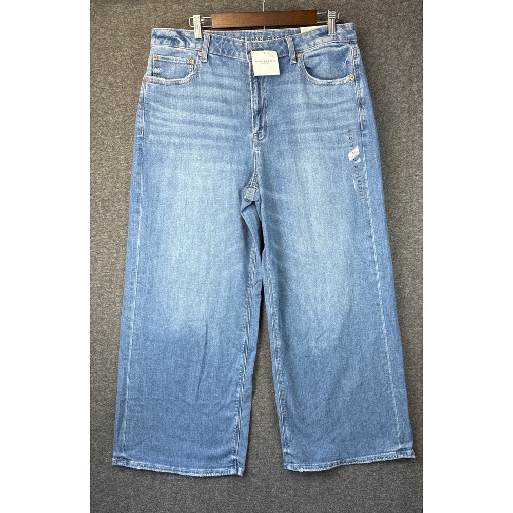 NWT American Eagle Baggy Wide Leg Jeans Women 12 Blue Super High Rise Flare Chic - Picture 3 of 16